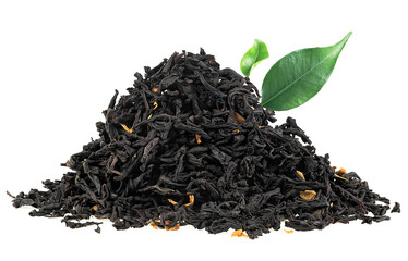 Pile of black tea with bergamot, flower petals and fresh tea leaves isolated on a white background