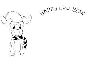 Santa reindeer with inscription Happy New Year and copy space. Funny cartoon christmas animal. Christmas greeting card. Christmas concept. New year background.