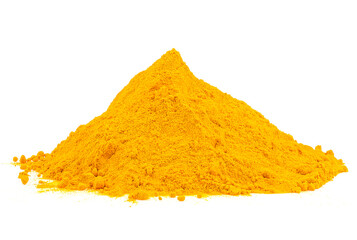Heap of turmeric powder spice isolated on a white background. Curcuma.