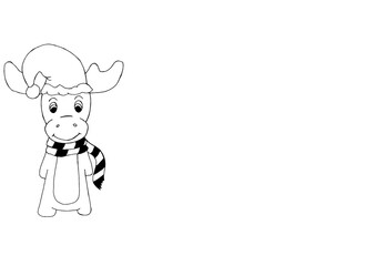 Santa reindeer drawn black marker on white paper background with copy space. Funny cartoon christmas animal. Christmas greeting card. Christmas concept. New year background.