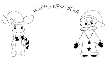 Santa claus and reindeer with inscription Happy New Year and copy space. Funny cartoon christmas animal. Christmas greeting card. Christmas concept. New year background.