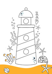 Easy coloring page for children. Ocean lighthouse, seashells. Sea coloring page for kids. Kids education kid game child activity Sea coloring book. Ocean page be colored. Vector illustration. Summer.