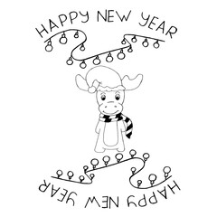 Reindeer with garland and inscription happy New Year drawn black marker on white paper. Set of funny cartoon christmas animals. Christmas greeting card. Christmas concept. New year background.