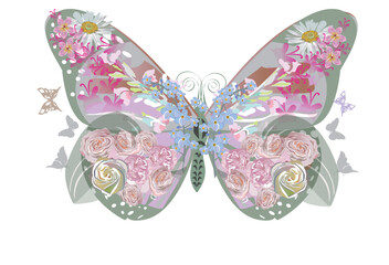 Floral series of greeting backgrounds with cute insects, an abstract butterfly decorated with roses, daisies, leaves and other flowers. Hand drawn vector illustration.