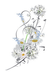 Abstract nature treble clef decorated with summer and spring flowers, notes. Light and relax music. Hand drawn vector illustration.
