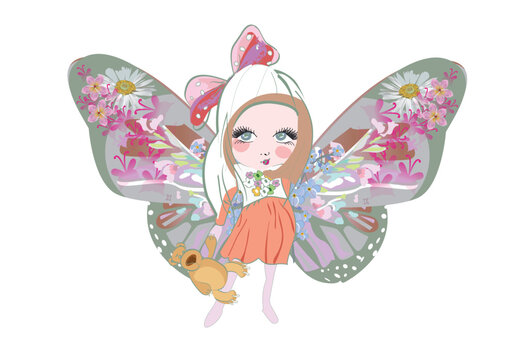 Floral series of greeting backgrounds with a cute girl in the  image of a butterfly decorated with roses, daisies, leaves and other flowers. Hand drawn vector illustration.
