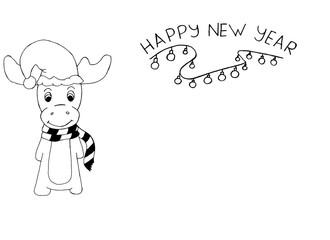 Santa reindeer with garland, inscription Happy New Year and copy space. Funny cartoon christmas animal. Christmas greeting card. Christmas concept. New year background.