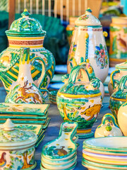 Different handmade ceramic pots for sale painted in green color