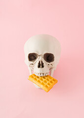 Creative arrangement made of a skull eating a dessert, a waffle on a pink background. Minimal Halloween concept.