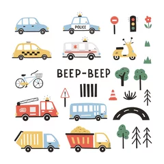 Foto op Canvas Set of different cute transport and traffic elements. Colorful cartoon hand drawn illustrations for kid clothes, posters, invitation. Simple kid clipart © chekiwart