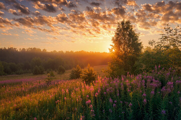 morning floral landscape with sunrise