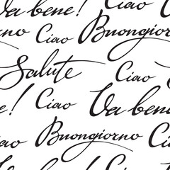 Vector seamless pattern: italian words ok, hello and other greetings. Black lettering on white background. Design with words for textile, fabric, wallpaper, wrapping paper.