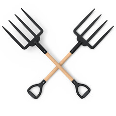 Set of garden pitchfork and rake with wooden handle for harvesting hay on white