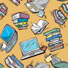 Pattern study with books and laptop, Student, kids textile print, fabric design, wrapping paper, scrapbook, background and more. Back to school theme hand drawn illustration. Cartoon vector drawing.