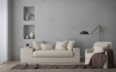 Mediterranean style living room interior.sofa,armchair on wooden floor and white concrete background.3d rendering