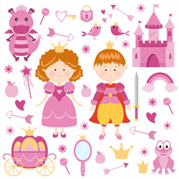 Princess with prince. Big set of illustrations. Pink color.	