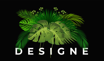 Exotic tropical leaves. Monstera plant leaf, banana plants and green tropics palm leaves. Jungle palms forest flora nature tropic leaves isolated vector illustration icons set