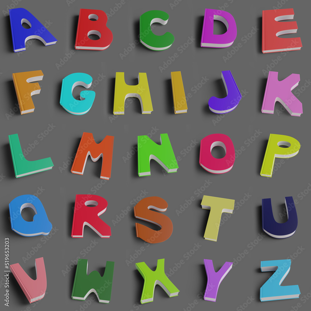 Fototapete 3d render of english alphabet. colorful font set with letters in shape of books