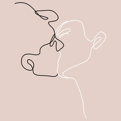 Minimalistic face line illustration of couple kissing. Abstract vector man and woman. Black and white on color background. Pink. One line drawing.