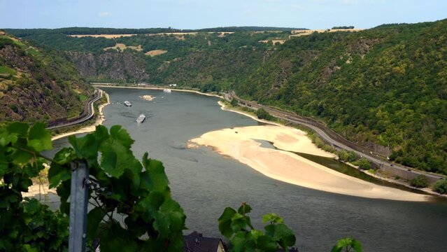 View on the sandbank and rocks jutting out of the water in the Rhine between the Loreley and Oberwesel during low water levels due to drought as seen from a vineyard in the mountains above the valley.