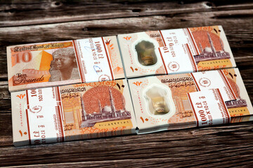 Stack of new first Egyptian 10 LE EGP ten pounds plastic polymer banknote features Administrative...
