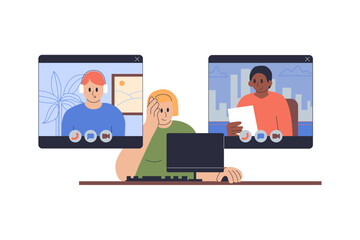 People chatting during online video call. Happy woman sitting by computer and talking to persons on screen through internet. Virtual communication concept. Flat vector illustration isolated on white