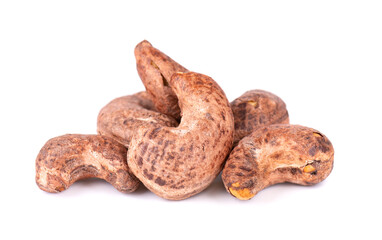 Cashew nuts in shell isolated on white background. Roasted and salted cashew nuts.