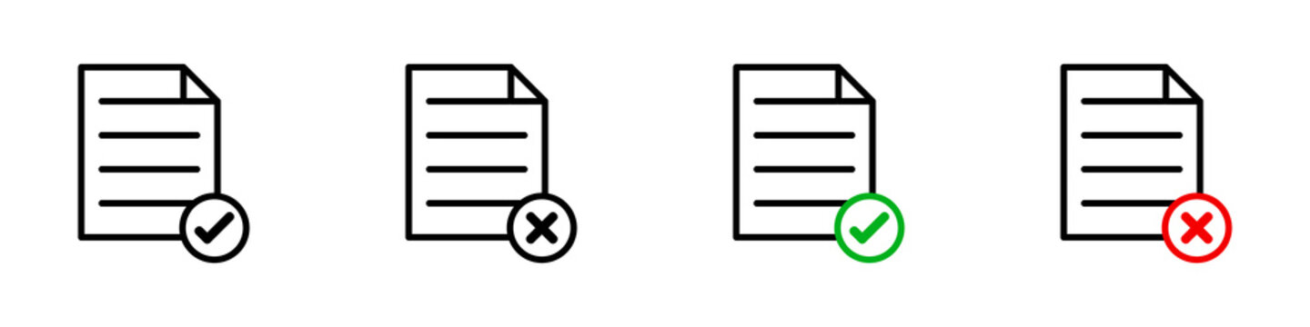 Conjunto de icono de documento aprobado y cancelado. Concepto de verificación de documento. Ilustración vectorial, estilo línea simple
