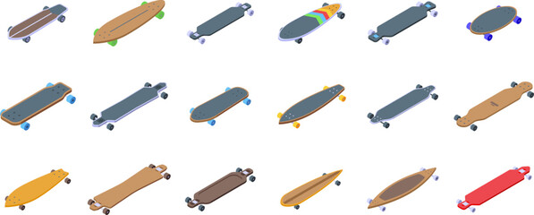 Longboard icons set isometric vector. Skateboard. Long deck