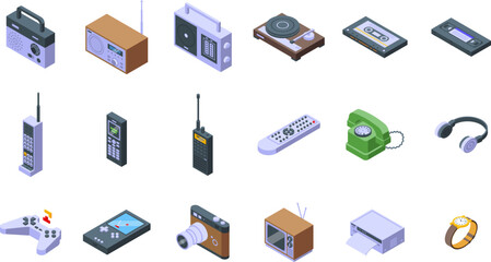 Analogue technology icons set isometric vector. Audio button. Casette record