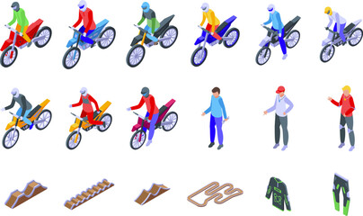 Motocross icons set isometric vector. Jump competition. Action race
