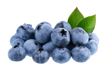 Fresh blueberry with green leaves, isolated on white background. Bilberry or whortleberry berries. Collection. Clipping path.