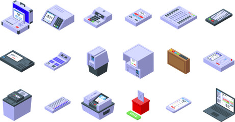 Electronic voiting icons set isometric vector. Phone vote. Digital checkmark