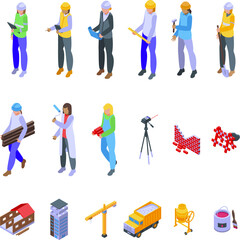 Female construction engineer icons set isometric vector. Architect worker. Construction civil