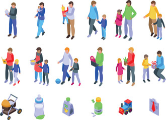 Single father icons set isometric vector. Adult parent. Father child