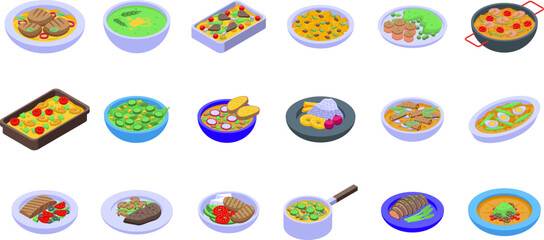 Spring dinner icons set isometric vector. Family table. Asia dinning
