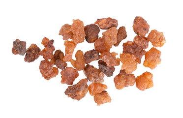 Myrrh resin isolated on white background. Pile of natural Commiphora myrrha. Sweet Myrrh Opoponax. Incense. Top view.