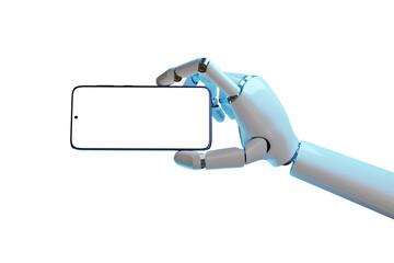 Robotic hand holding a mobile phone with a blank screen in horizontal orientation isolated on white background. 3d illustration.