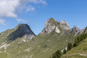 landscape in the mountains with cloudy sky trees and fields