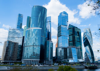 Moscow-City and Moscow-river area, Russia. modern architecture. Moscow City and skyscraper Moscow International Business Center in daytime against the blue sky with place for text