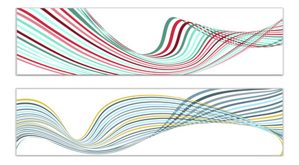 Wavy lines or ribbons. Set of 2 covers. Multicolored striped. Creative unusual background with abstract wave lines for creating a trendy banner, poster. vector eps