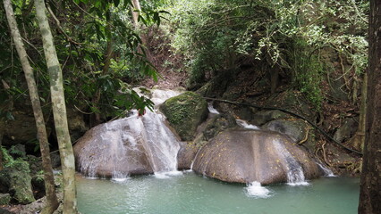 The Erawan Falls in Kanchanaburi Province in Thailand