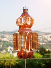 Anemometer from a plastic bottle. Wind speed meter. Wwind measuring instrument. Cut plastic bottle