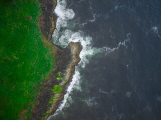 Aerial shot. The green shore of the ocean, overgrown with grass. Light white waves rush to the shore. Deserted, ecologically clean place. Ecology, geology, travel.