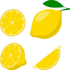 Fresh lemon fruits, lemon, whole fruit, half and slices, vector illustration, collection of illustrations isolated on white background