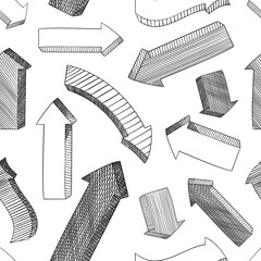 A repeating pattern of various textured volumetric arrows, hand-drawn on a white square background