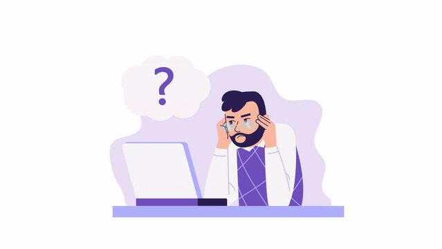 man looking at computer, thinking and looking for answer. uncertainty, question, no solution concept. Character animation. hopelessness, despair, frustration on his face. Brainstorm, difficult task