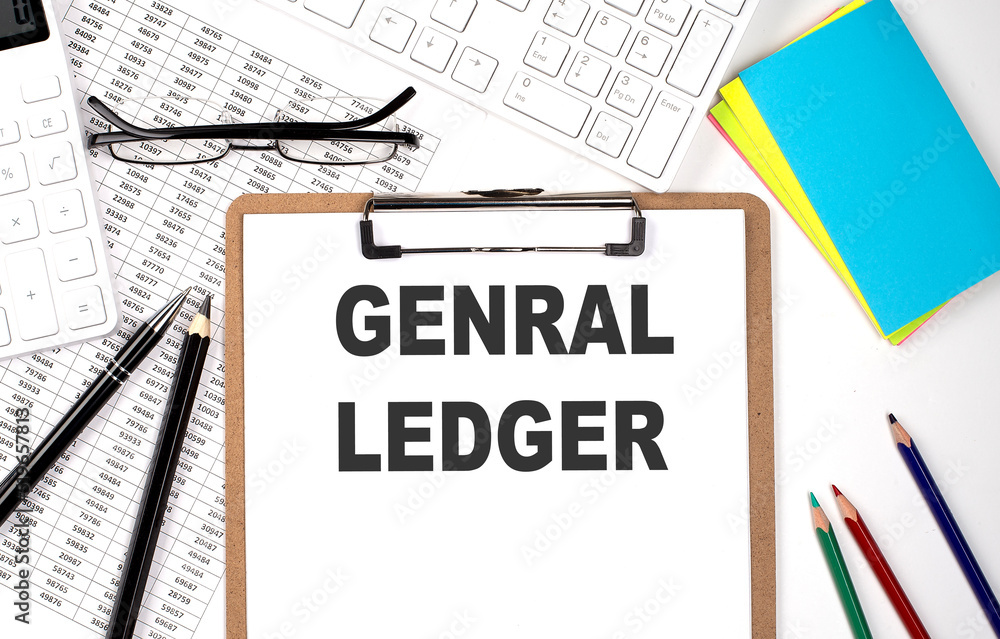 Aufkleber clipboard with text gl - general ledger and keyboard and chart on the white background.