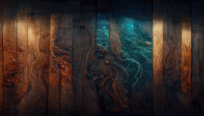 Panele Szklane  Texture of old wood from boards with blue epoxy resin. Wooden background, blue liquid resin. 3D illustration.