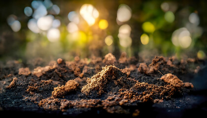 The soil of the earth, garden and vegetable garden. Blurred background, sunny day. 3D illustration. - obrazy, fototapety, plakaty